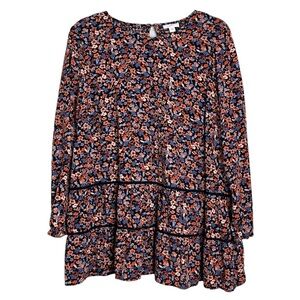 J. Jill Floral Tiered Smocked Back Long Sleeve Blouse Top Size Medium